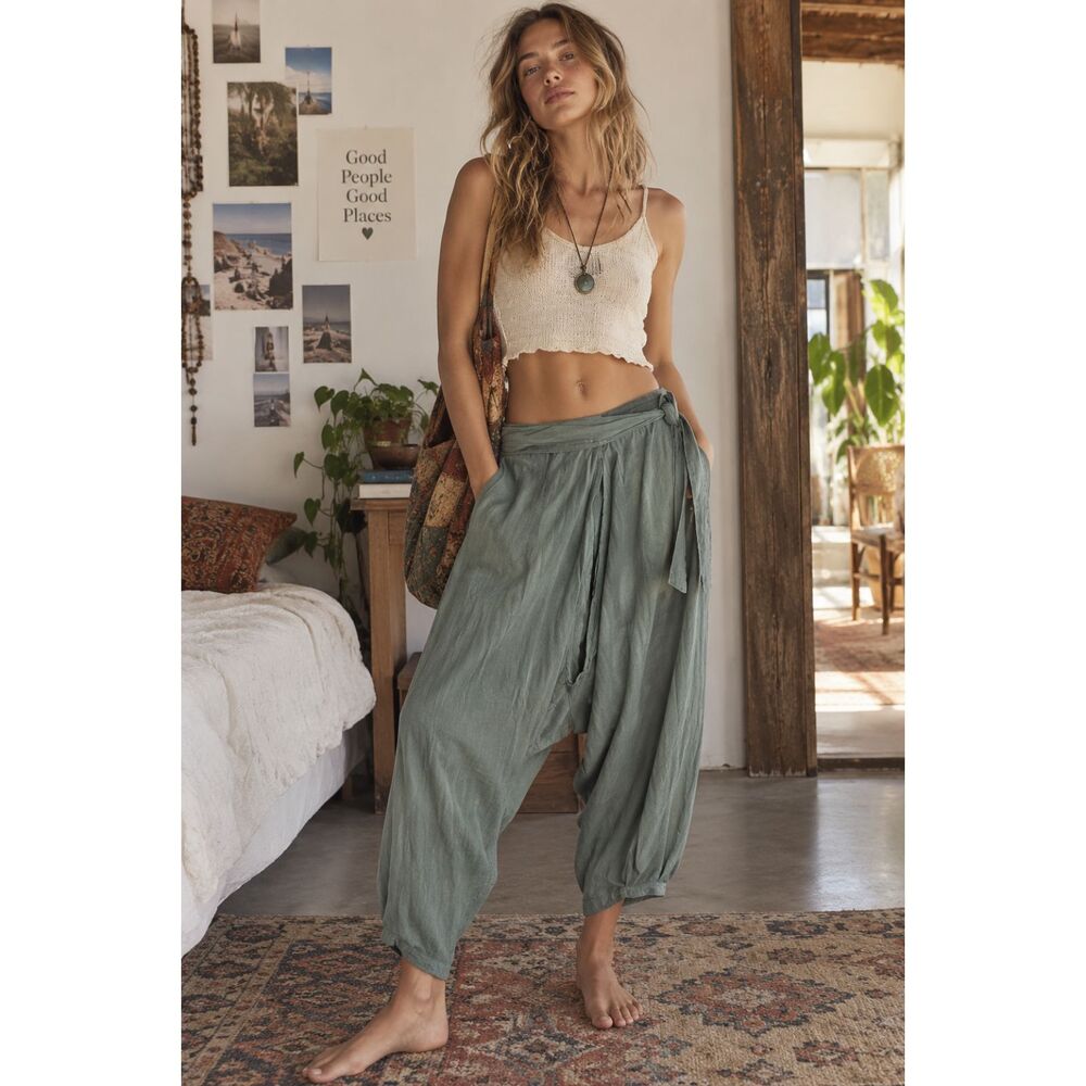 Free People Intimately Sage Green Drop Crotch Harem Pants Women's Size Small